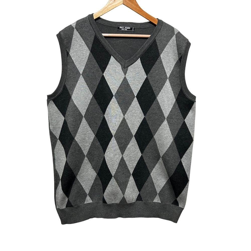 Paul Jones Men Sweater Vest 2XL Gray Argyle V Neck‎ Preppy Layering Knit